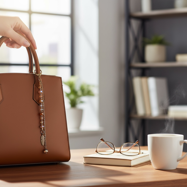 Accesorio con cristales fascetados en tonos rosa y tierra.